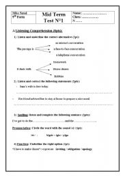English Worksheet: Mid term test 9th form first term