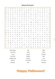 English Worksheet: Halloween Wordsearch