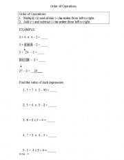 English worksheet: Order of Operations Practice