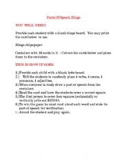 English Worksheet: Parts of Speech Bingo