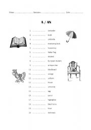 English Worksheet: A/AN