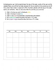 English Worksheet: Summer Calendar Activity- Kindergarten to First
