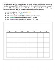 English worksheet: Summer Calendar Activity- Kindergarten to First