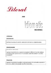 English Worksheet: Literal and Idiomatic meanings
