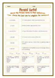 English Worksheet: > Phrasal Verbs Practice 73! > --*-- Definitions + Exercise --*-- BW Included --*-- Fully Editable With Key!