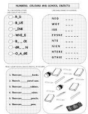 English Worksheet: Colours, numbers and school objects