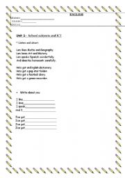 English worksheet: school subjects chant