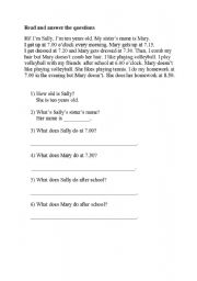 English worksheet: reading text about daily routines