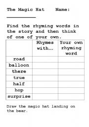 English Worksheet: The MAgic Hat - rhyming words