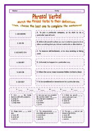 English Worksheet: > Phrasal Verbs Practice 74! > --*-- Definitions + Exercise --*-- BW Included --*-- Fully Editable With Key!