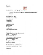 English worksheet: Song Hot and Cold by Katy Perry to practice opposites