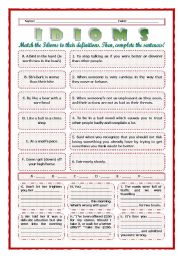 English Worksheet: --*--*--*-- Idioms 01! --*-- Animals --*-- Definitions + Exercise --*-- BW Included --*--*--*-- FULLY EDITABLE WITH KEY!