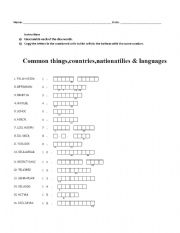 English Worksheet: Review Nationalities, languages and common objects in the classroom