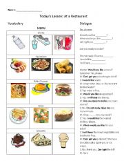 English Worksheet: Restaurant Words and Diaglogue