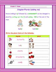 English Worksheet: singular/plurals (nouns ending in y)