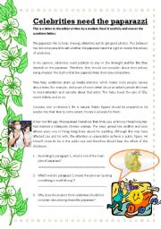 English Worksheet: Celebrities need the Paparazzi