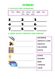 English worksheet: numbers and school objetcs