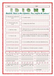 English Worksheet: --*--*--*-- Idioms 02! --*-- Animals --*-- Definitions + Exercise --*-- BW Included --*--*--*-- FULLY EDITABLE WITH KEY! 