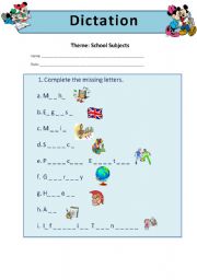 English Worksheet: school subjects (dictation)