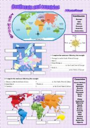 English Worksheet: Continents Europe Countries cardinal points