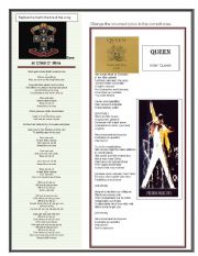 English Worksheet: Guns n Roses and Queen song lyrics