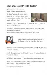 English Worksheet: News Report: Man steals ATM with Forklift