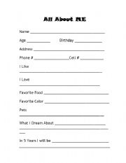 English worksheet: All About Me Form
