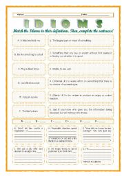 English Worksheet: --*--*--*-- Idioms 03! --*-- Animals --*-- Definitions + Exercise --*-- BW Included --*--*--*-- FULLY EDITABLE WITH KEY!