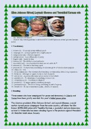 English Worksheet: Ellen Johnson Sirleaf, Leymah Gbowee and Tawakkul Karman win Nobel prize