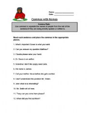 English worksheet: Commas with Names