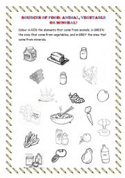 English worksheet: Sources of food. vegetable, animal or mineral