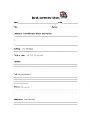 English worksheet: Book Report Summary Sheet