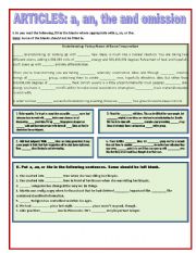 English Worksheet: ARTICLES A, AN, THE AND OMISSION