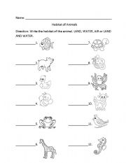 English worksheet: Habitat of Animals