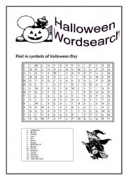 English Worksheet: FIND 16 SYMBOLS OF HALLOWEEN DAY  WORDSEARCH 