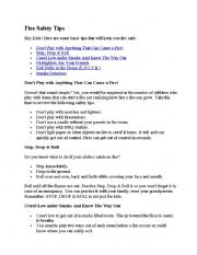 English worksheet: fire safety tips