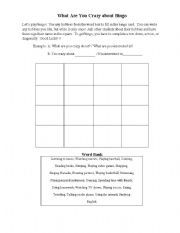 English Worksheet: What are you crazy about bingo