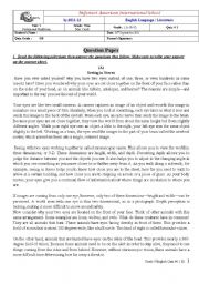 English Worksheet: grade nine unit 1 literary analysis quiz