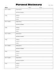 English Worksheet: Personal Dictionary