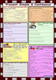 English Worksheet: More tasks to present simple and continuous *** 7 tasks *** elementary ***  fully ediatble *** with key *** B&W