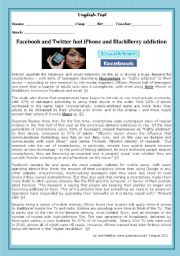 English Worksheet: TEST- FACEBOOK AND TWITTER FUEL iPHONE AND BLACKBERRY ADDICTION