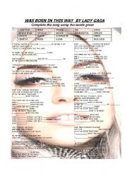 English Worksheet: I WAS BORN IN THIS WAY -LADY GAGA