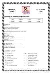 English Worksheet: TEENAGE DREAM - SONG ACTIVITY