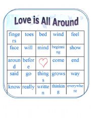 English Worksheet: Song Bingo; Love is All Around