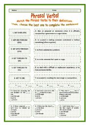 English Worksheet: > Phrasal Verbs Practice 52! > --*-- Definitions + Exercise --*-- BW Included --*-- Fully Editable With Key!