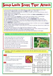 English Worksheet: Soup Ladle Stops Tiger Attack (reading + passive voice)