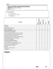 English Worksheet: Invention Research Report Marking Criteria/Rubric
