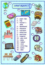 English Worksheet: school objects matching 1/3