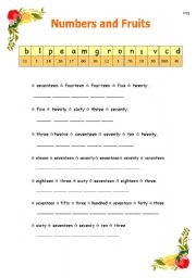 English worksheet: numbers and fruits