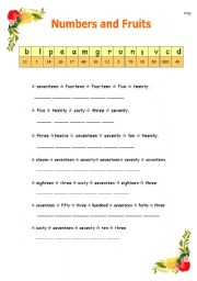 English Worksheet: numbers and fruits